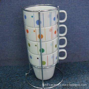 9oz Two Segment Porcelain Mug with Four Different Designs and Iran Stand Packing